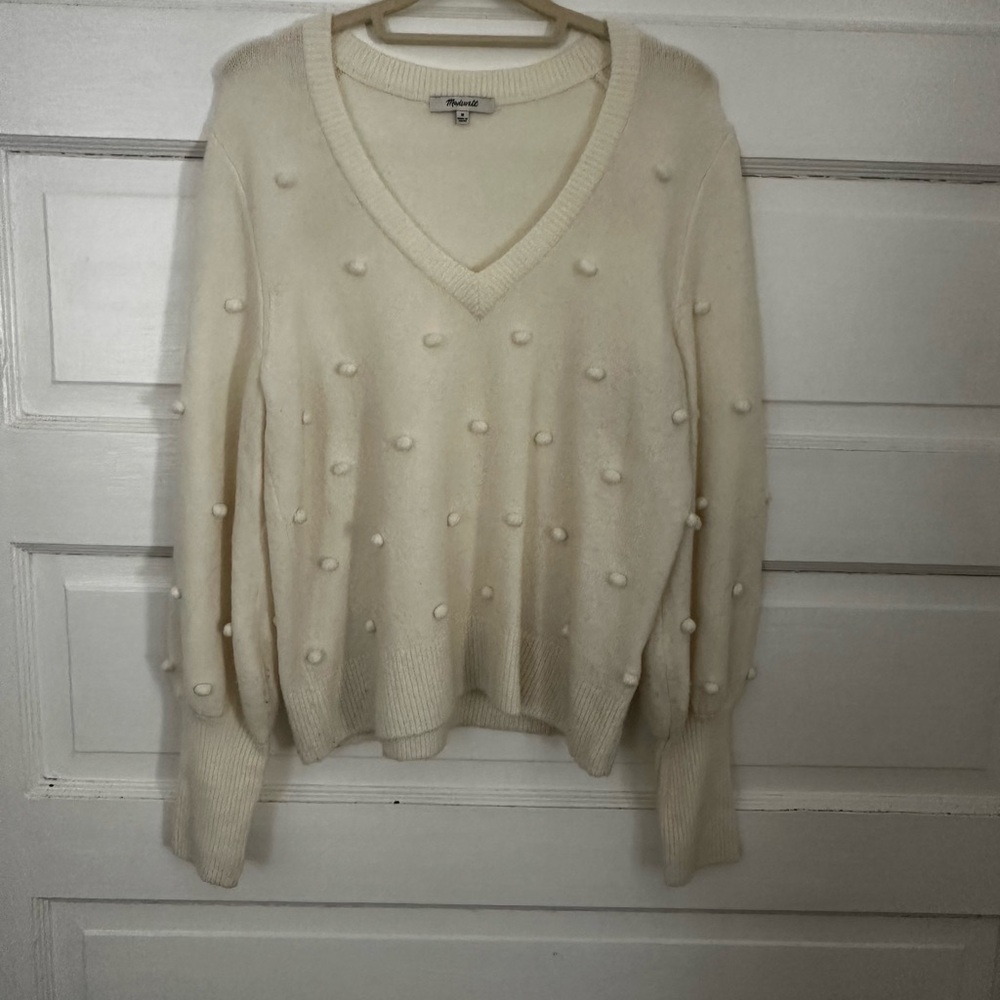 Madewell Ivory Pom-Pom V-Neck Sweater